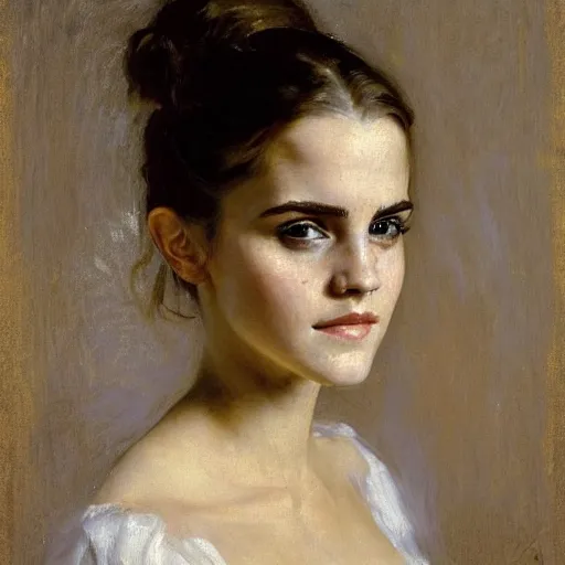 Image similar to portrait painting of emma watson, by john singer sargent, ilya repin, bouguereau, carolus - duran, elegant, 1 9 th - century, old masters, award winning, louvre collection, museum collection, realistic face, detailed