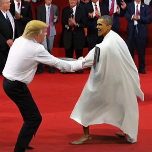 Image similar to obama defeats donald trump in intense sword fight