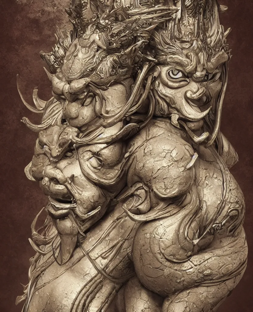 Image similar to ancient japanese, oni goddess statue, painted, bust portrait body, kamakura period, hyper realistic, texture details, high fidelity, like arsen asyrankulov, intricate, highly detailed, digital painting, artstation, concept art, smooth, sharp focus, illustration, art by artgerm and tian zi and alphonse mucha and greg rutkowski,