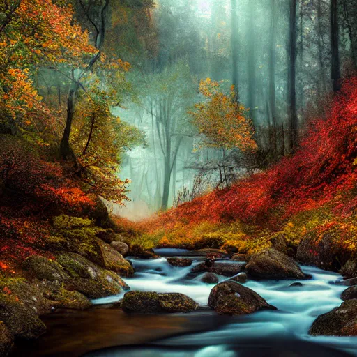 Image similar to beautiful mountain view next to a stream flowing, beautiful autumn morning, sunshine rays coming through the misty forest, ominous evil necromancer floating above the river staring at you. Magic realism hyperrealism photo-realistic lifelike maximalist psychedelic photography by Greg Rutowski and Keith Thompson 8k