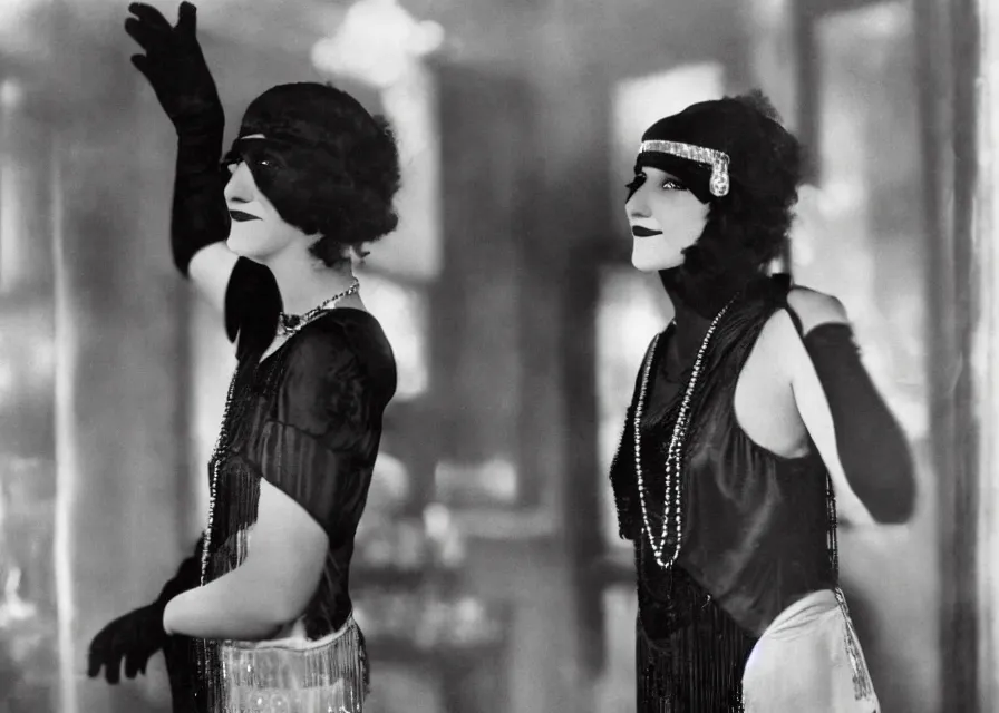 Prompt: a 1 9 2 0 s flapper woman extending her hand in black satin gloves toward the camera, looking at the camera with a smirk, as a jazz party with people dancing is happening in the background behind her in a dimly lit speakeasy, circa 1 9 2 4, depth of field, in the style of edward hopper