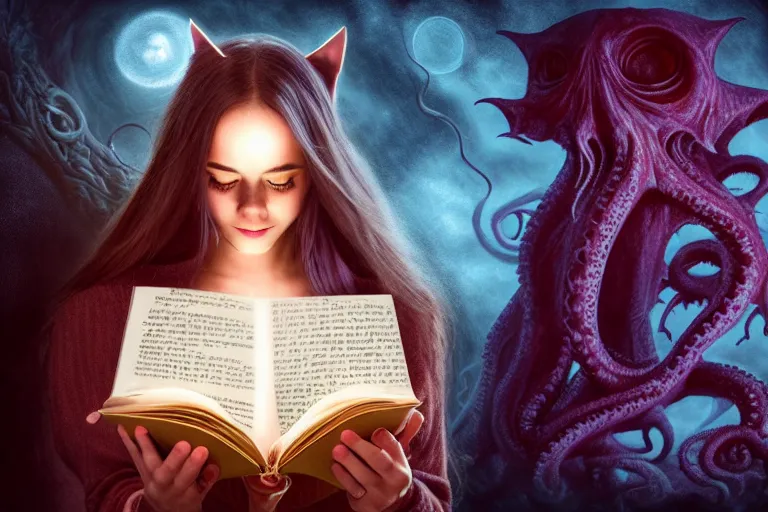 Image similar to romantic photo of bright girl, her cat and her book of necronomicon, symmetrical, cinematic, real dlsr photography, sharp focus, 4 k, ultra hd, sense of awe, sinister demonic atmosphere, dreadful, forbidden knowledge, old gods, cthulhu, yog - sothoth! yah, yah, yah! cultist journal cover