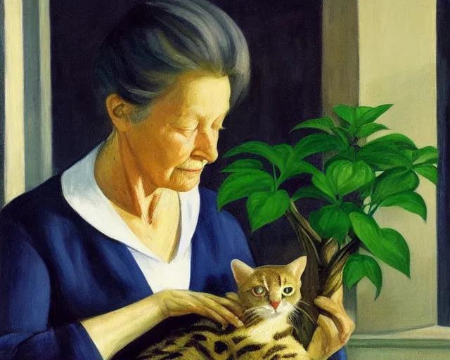 Prompt: detailed portrait of an old lady and her plant cat, Edward Hopper, sharp high quality