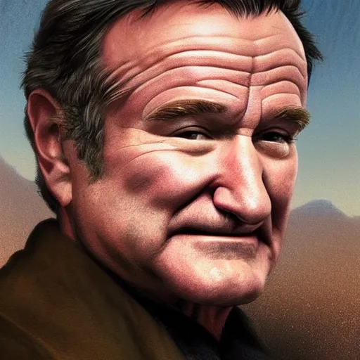 Image similar to Portrait of a Robin Williams in GTA V , art by Albert Bierstadt and James Gurney, highly detailed, digital painting, matte painting, concept art, illustration, oppressive lighting, trending on artstation, very detailed