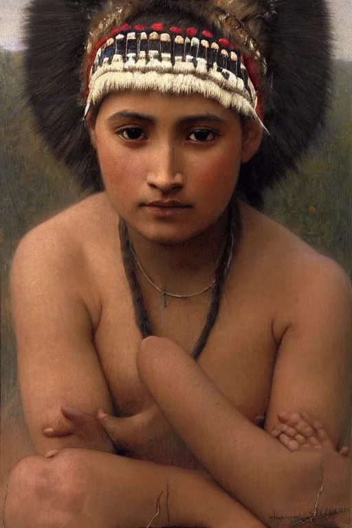 Prompt: a portrait of a beautiful tribal princess with bear headdress, overcast lighting, highly detailed, sharp focus, gritty texture, Bouguereau