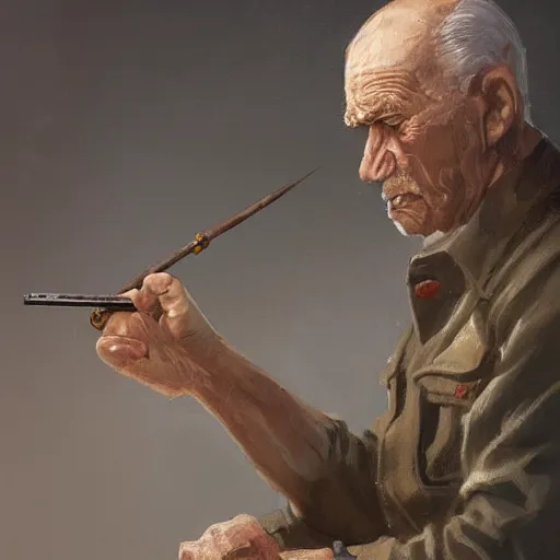 Image similar to old man portrait, ww 2 hand grenade in his left, he pulling pin, greg rutkowski art