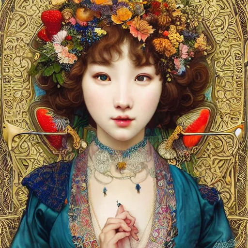 Image similar to a masterpiece ultrarealistic ultradetailed portrait of beautiful love fishmonger jewelry genius elephant trainer girl on fruits street market baroque renaissance. medium shot, intricate, elegant, by stanley artgerm lau, wlop, alphonse mucha, rossdraws, andrei riabovitchev, yoshitaka amano. flower background my james jeand and takashi murakami.