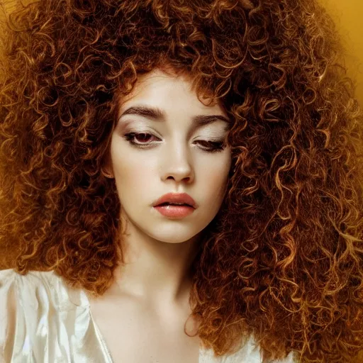 Prompt: a photo of a beautiful woman with curly hair, dreamy, nostalgic, fashion editorial, studio photography, magazine photography, earth tones
