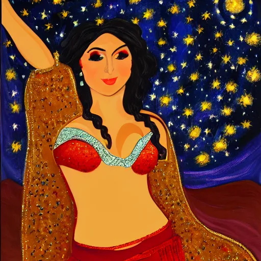 Image similar to painting of a belly dancer looking at a starry sky, stylized, highly detailed, soft light