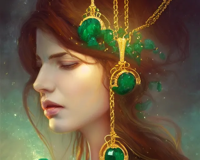 Image similar to emerald necklace suspended on elaborate gold chain, illustration, by ( kieran yanner ) ( miranda meeks ) ( anna podedworna ) ( cristi balanescu ), digital art