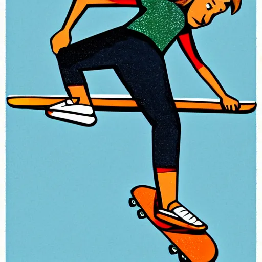 Image similar to stylized illustration of a girl ridin a skateboard with one leg up and the other on the deck going fast, side view