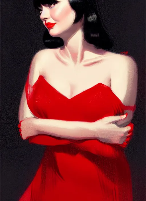 Prompt: portrait of betty page with bangs, 1 9 6 0 s, long hair, red clothes, bangs, black eyes, intricate, elegant, glowing lights, highly detailed, digital painting, artstation, concept art, smooth, sharp focus, illustration, art by wlop, mars ravelo and greg rutkowski