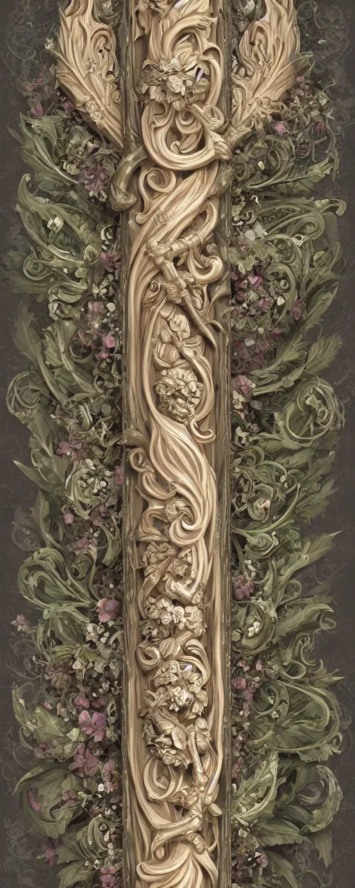 Prompt: beautiful fantasy giant sword carved with decorative ornament, acanthus scrolls, lilies, ivy, energy, geometry, bones, petals, stems, ceremonial clouds, dripping paint, fibonacci rhythm, artstation, artgerm, wlop, symmetric ornaments, v 0 2