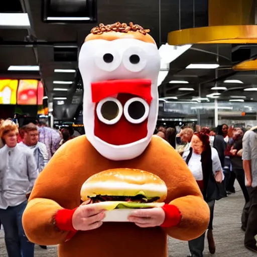 Image similar to MAN DRESSES UP IN A BURGER SUIT ATTENDS FAST FOOD CONVENTION, REALISM, REALISTIC, HDR, CLEAR IMAGE,