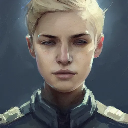 Image similar to Portrait of a woman by Greg Rutkowski, she is about 20 years old, athletic tomboy, attractive, military composure, short blonde hair, russian, she is wearing futuristic military fatigues, highly detailed portrait, digital painting, artstation, concept art, smooth, sharp foccus ilustration, Artstation HQ.