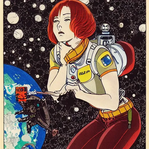 Prompt: portrait of female demon naraka astronaut painted in miyazaki color style drawn by katsuhiro otomo and takato yamamoto, high detail, intricate linework, sharp, smooth face, china doll face, high detail, manga and anime