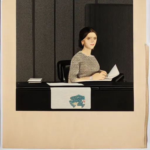 Prompt: a portrait of a secretary sitting behind a desk, 1 9 7 0 th knitted burda style,