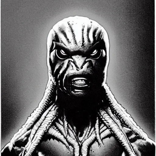 Image similar to hedcut portrait of yatuja from the movie predator