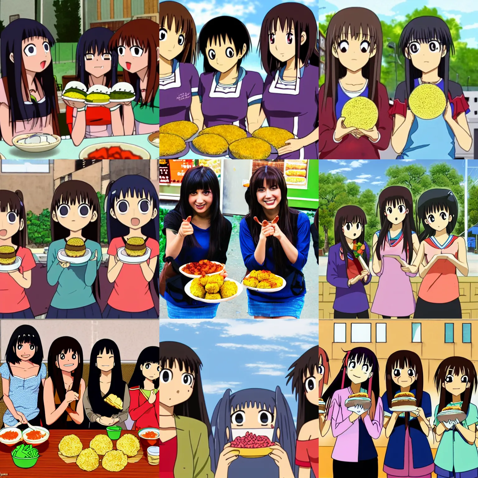 Prompt: azumanga daioh girls enjoying a falafel