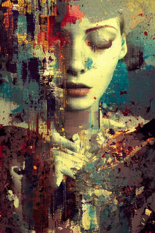 Image similar to a beautiful glitched painting by robert proch of a woman in a glitched bathroom, metal rust and plaster materials, pixel sorting, color bleeding, brushstrokes by jeremy mann, still life, dark colors
