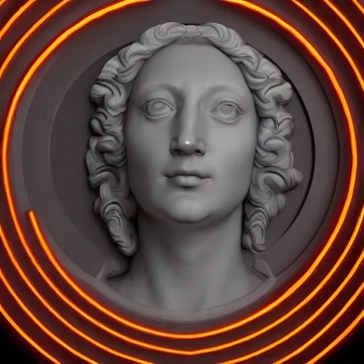 Prompt: a 3 d neon circle surrounding the head of a renaissance statue, 3 d render, black background, ray tracing, 8 k resolution, sharp focus, very detailed, hyper realistic