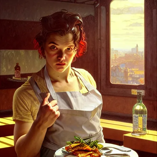 Image similar to the roman god of food, wearing a soiled apron, service short order food in a cyberpunk diner, intricate, headshot, highly detailed, digital painting, artstation, concept art, sharp focus, cinematic lighting, illustration, art by artgerm and greg rutkowski, alphonse mucha, cgsociety, edward hopper