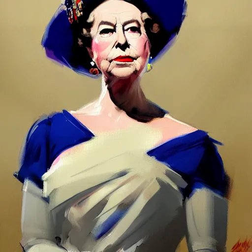 Image similar to greg manchess portrait painting of queen elizabeth ii as overwatch character, medium shot, asymmetrical, profile picture, organic painting, rainy day, matte painting, bold shapes, hard edges, street art, trending on artstation, by huang guangjian and gil elvgren and sachin teng