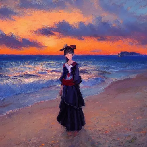 Prompt: Beautiful portrait of Kirisame Marisa at sunset on the beach, touhou project, oil painting by Antoine Blanchard, sold at an auction, oil on canvas, official artwork , wide strokes, pastel colors, soft lighting