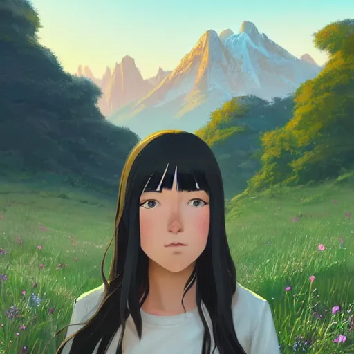 Image similar to portrait of teen girl with long black hair and bangs, detailed facial features, beautiful face, flower fields and mountains in the background, digital painting, artstation, highly detailed, by makoto shinkai and thomas kindle and James gilleard