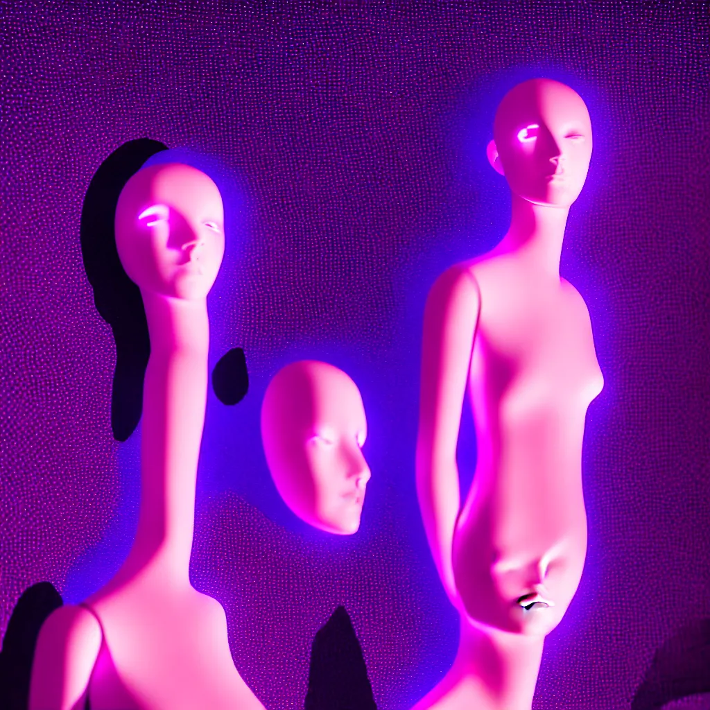 Prompt: beautiful mannequin sculpted out of amethyst by billelis + lit with 3 d geometric neon + facing a doorway opening with neon pink geometric fractal light + flowering hosta plants!!!, moon in background!!, moody, dramatic, rule of thirds, confident, award winning, 4 k, trending on artstation, photorealistic, volumetric lighting, octane render