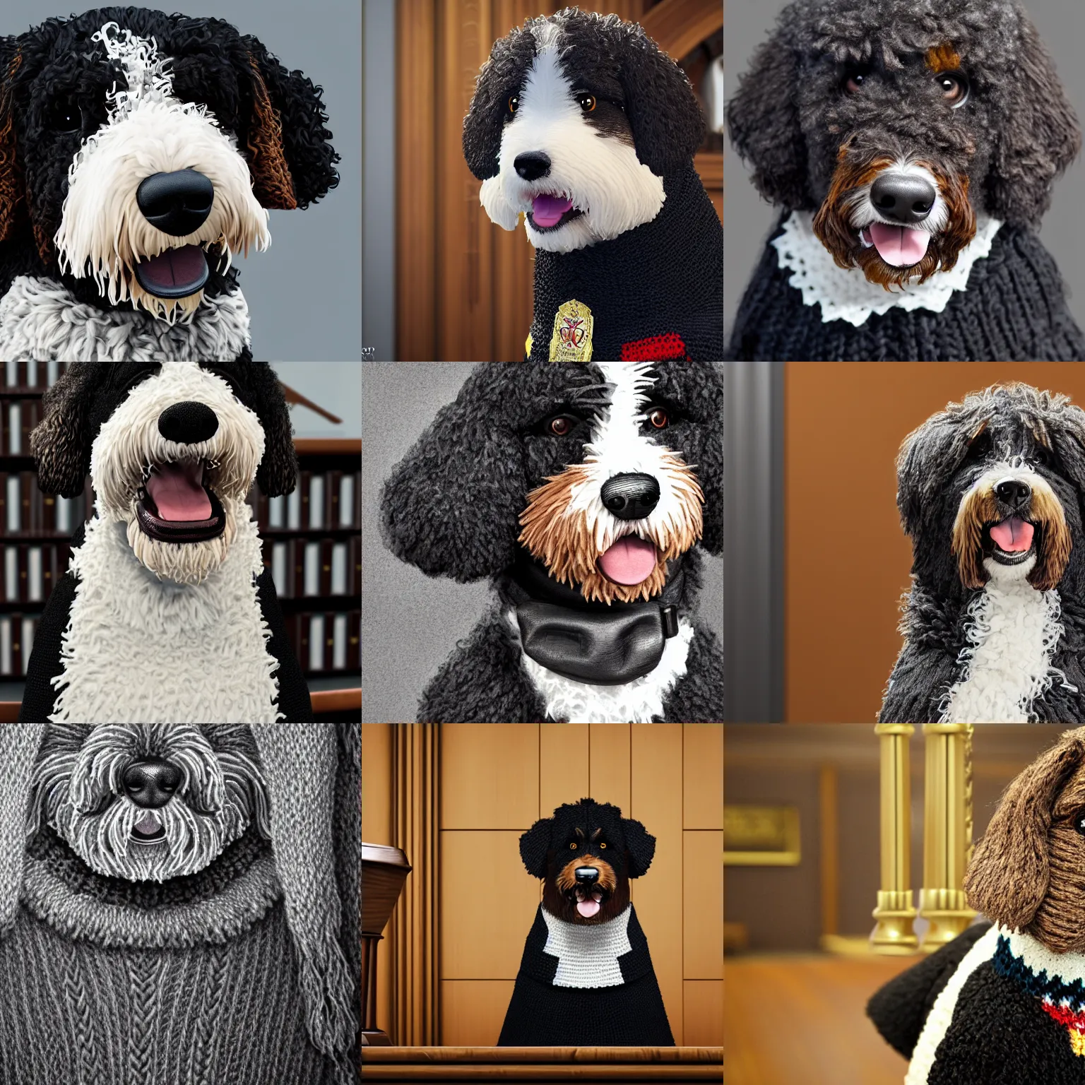 Prompt: a closeup photorealistic illustration of a smiling knitted bernedoodle judge dog dressed in a black gown, presiding over the courthouse. scales of justice and a gavel in the room. this 4 k hd image is trending on artstation, featured on behance, well - rendered, extra crisp, features intricate detail, epic composition and the style of unreal engine.