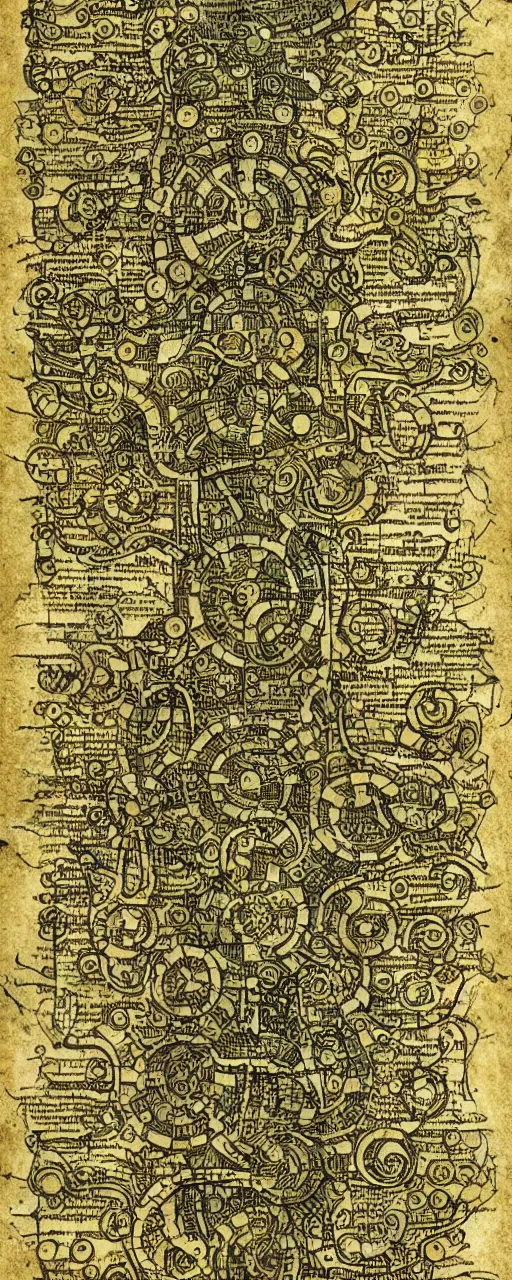 Prompt: an intricate detailed cyberpunk parchment with sketches and matrix rain, ancient text, neon, fractals, recursive, magic, technological, cyberpunk, lovecraft