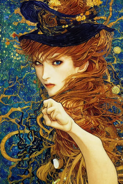 Image similar to Kirisame Marisa from touhou, official artwork, by Karol Bak, Jean Deville, Gustav Klimt, and Vincent Van Gogh, Surreality, otherworldly, fractal structures, arcane, ornate gilded medieval icon, spirals