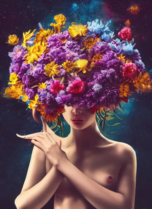 Image similar to An epic fantastic realism comic book style painting of the most beautiful flowers launched across the dark and starry cosmos, bouquets, fisheye lens, unreal 5, DAZ, hyperrealistic, octane render, dynamic lighting