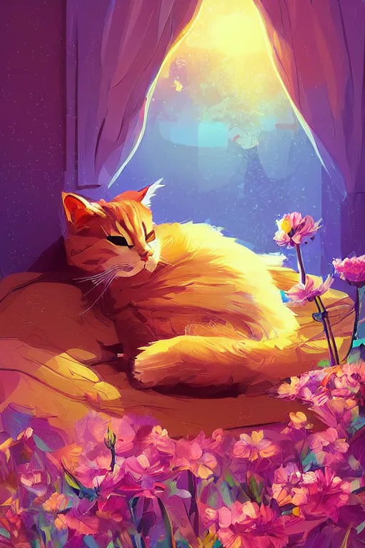 Image similar to a digital art of a cat sleeping in the room with flowers around in the afternoon, the sun shines in, animal, light effect, highly detailed, by anton fadeev