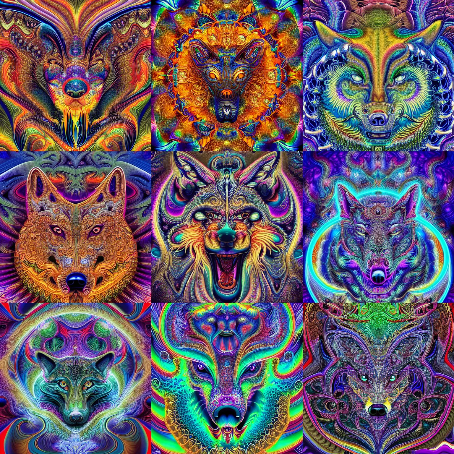 Prompt: a intricate ornate psychedelic image of a wolf head opening into a fractal universe, digital art by alex grey, dan mumford, felix kelly, psychedelic art, psychedelic, fractalism, fractals, artstation, detailed, art, hyper realism, hyper detailed, cgsociety, ue 5, hd, 3 d