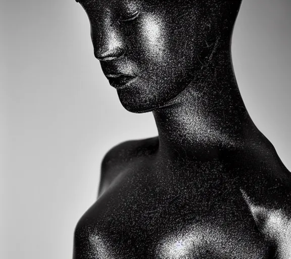 Image similar to extremely beautiful well lit fashion photo of a female statue wearing a neoprene asymmetrical ballgown in the style of rei kawakubo, yohji yamamoto, japanese avant garde fashion, statue, black marble, carving, glossy, vogue, beautiful lighting, clear, sharp focus, depth of field, portrait, editorial, vogue