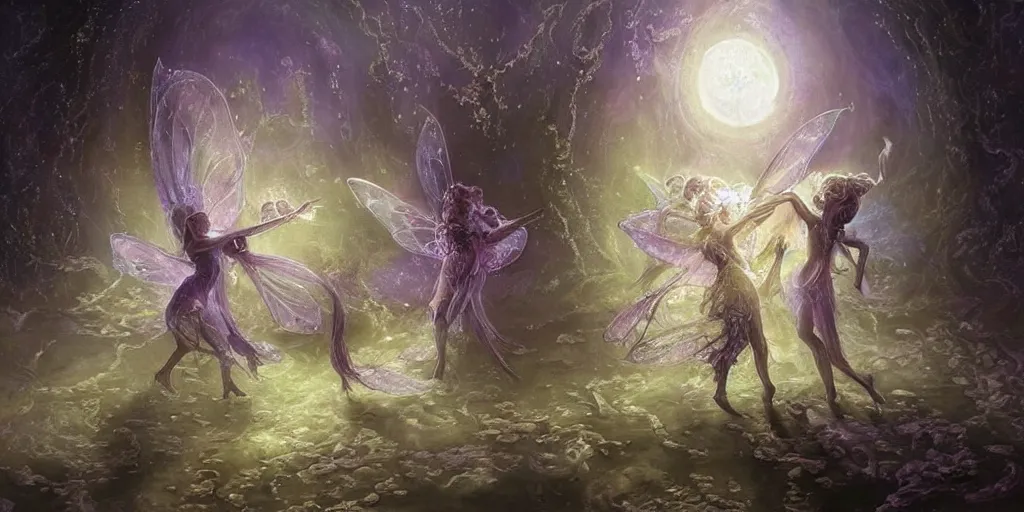 Prompt: concept art of translucent glowing fairies dancing, lovecraftian, renaissance, melting, round moon, rich clouds, fighting the horrors of the unknown, moon rocks, very detailed, volumetric light, mist, fine art, decaying, textured oil over canvas, epic fantasy art, very colorful, ornate intricate shiny scales