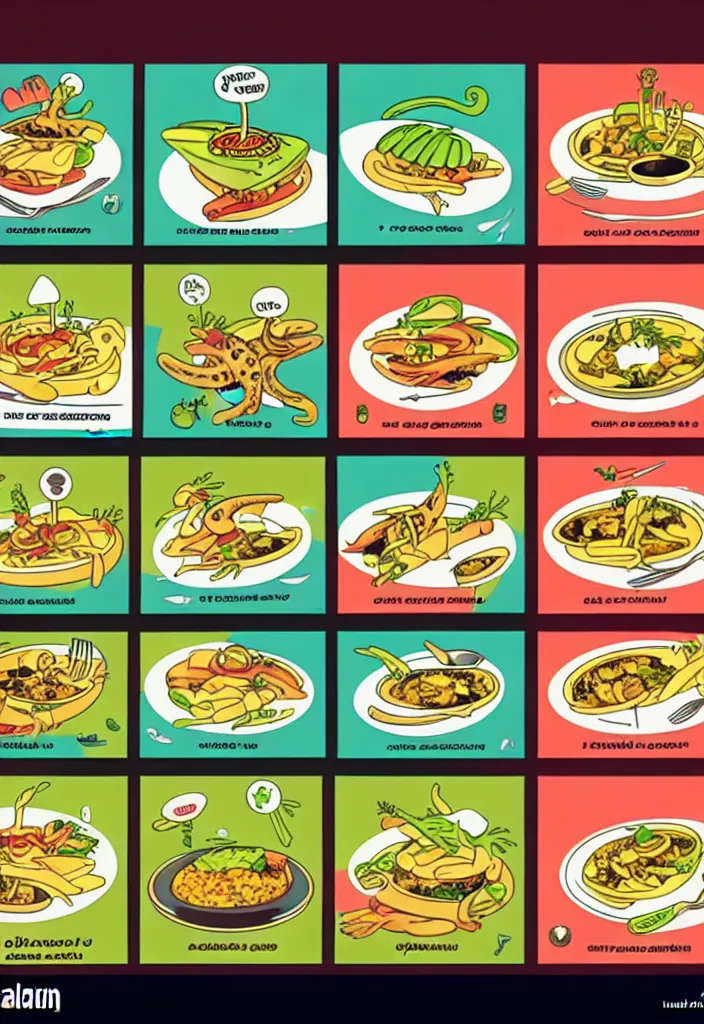 Prompt: alien restaurant's menu with pictures of offered meals, cardboard color print