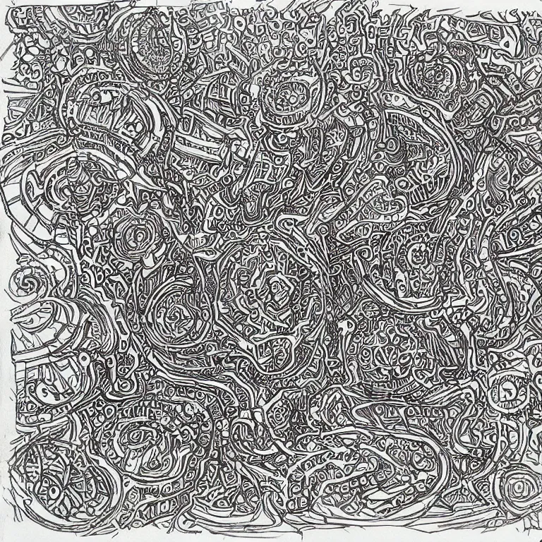 Image similar to notebook doodle architecture sketch with extremely intricate psychedelic patterns hyper detailed linework pen and paper