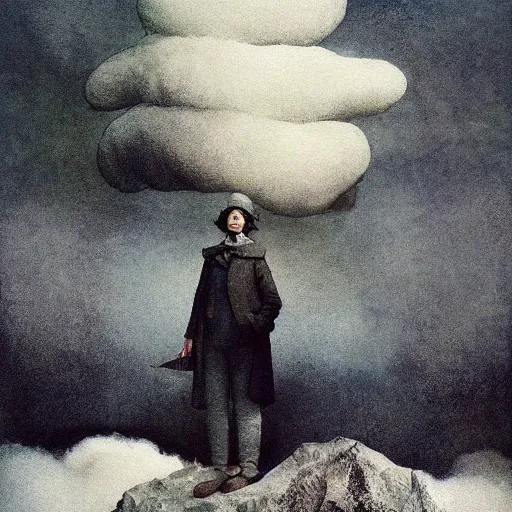 Prompt: Portrait of the Nimbus Cloud King wearing a poofy marshmallow coat whilst standing atop a cloud-covered mountain peak paul klee andrew wyeth edawrd hopper tom bagshaw stanton feng bastien lecouffe-deharme tombow oil painting