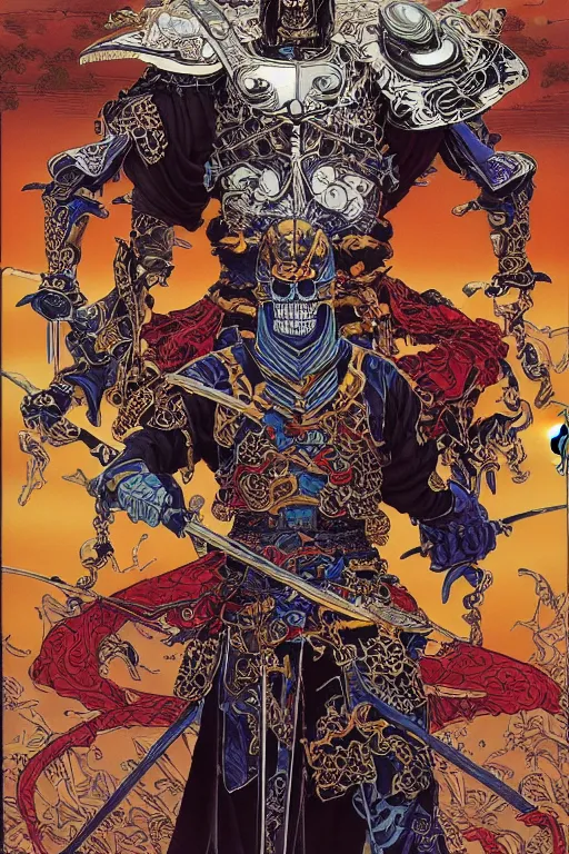 Image similar to portrait of a crazy skeletor warrior with the tang dynasty of china armor and helmet, by yoichi hatakenaka, masamune shirow, josan gonzales and dan mumford, ayami kojima, takato yamamoto, barclay shaw, karol bak, yukito kishiro