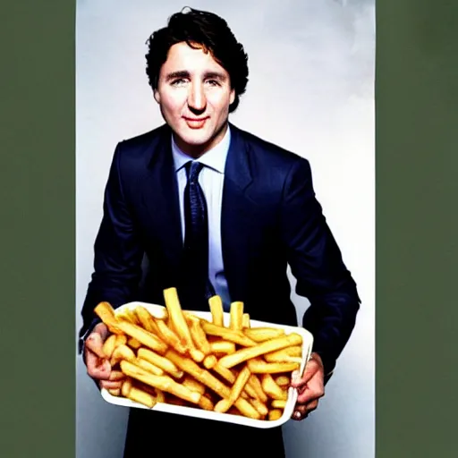 Image similar to Justin Trudeau holding authentic quebec poutine for a 1990s sitcom tv show, Studio Photograph, portrait