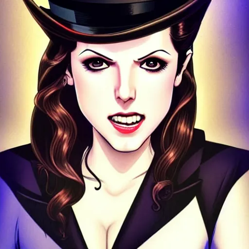 Prompt: beautiful Anna Kendrick Zatanna DC Comics on stage, wearing a top hat, symmetrical face symmetrical eyes, beautiful smile, intricate details, atmospheric, art by eiichiro oda, artgerm, Joshua Middleton art