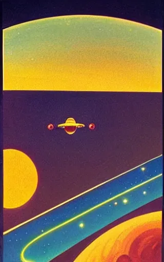 Prompt: poster of a spaceship flying through the galaxy with a planet visible above, thin border, 1950s art deco, retrofuturism, edward hopper,