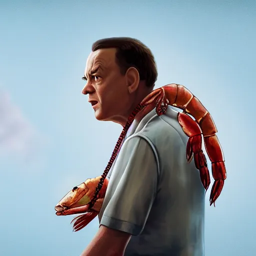 Image similar to tom hanks as forrest gump with a giant shrimp around the neck, photorealistic, cgsociety, artstation