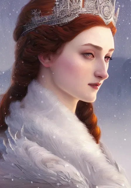 Prompt: sansa snow queen, intricate, elegant, highly detailed, digital painting, artstation, concept art, smooth, sharp focus, illustration, art by artgerm and greg rutkowski and alphonse mucha and william - adolphe bouguereau