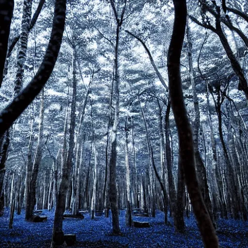 Image similar to Ground level view of An indigo forest in Japan, dark, midnight, seven ghostly white trees