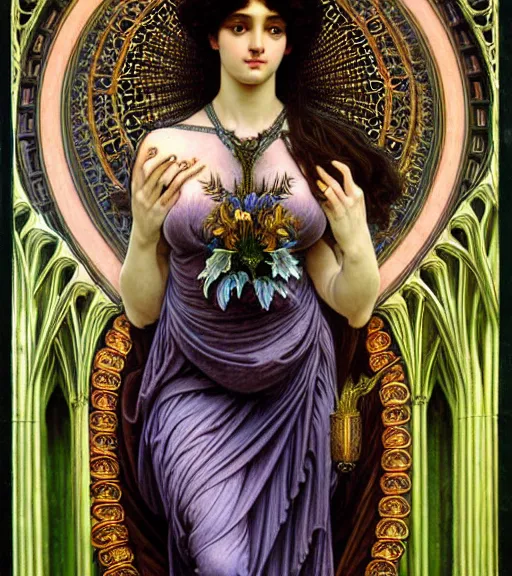 Image similar to hyperrealistic detailed portrait of a beautiful young goddess morphing into a gothic cathedral, authentic ornamental architecture, intricate and highly detailed, awe inspiring art by ernst haeckel, john william godward, h. r. giger, alphonso mucha, android jones, james jean, gothic, neo - gothic, heavily ornamental, deep colours,