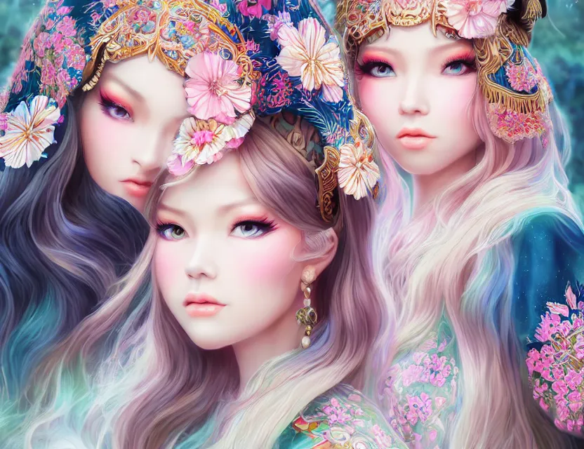 Image similar to two beautiful fashion siberian girls wear fantasy kimono in festival | | big eyes, sunny, dreamlike art, realistic shaded, smile, good looking, hyper details, 4 k realistic, cryengine, realistic shaded lighting poster by artgerm, ross tran, fuji choko, loish, 8 k resolution, trending on artstation, luxury